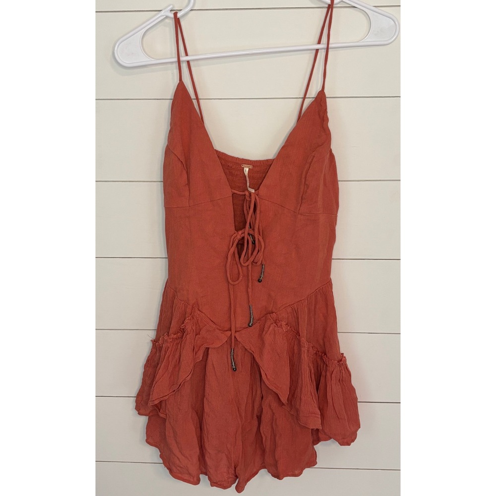 Free People Romper Lace Up Ruffle Sleeveless Coral Casual XS